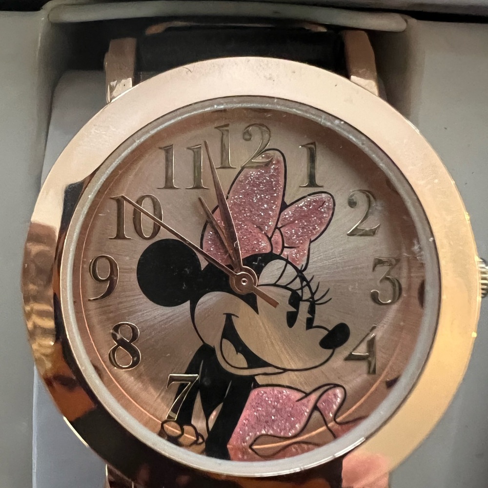 Disney MinnieMouse Analog Watch RoseGold Pink Glitter Black Band Adjustable NWT